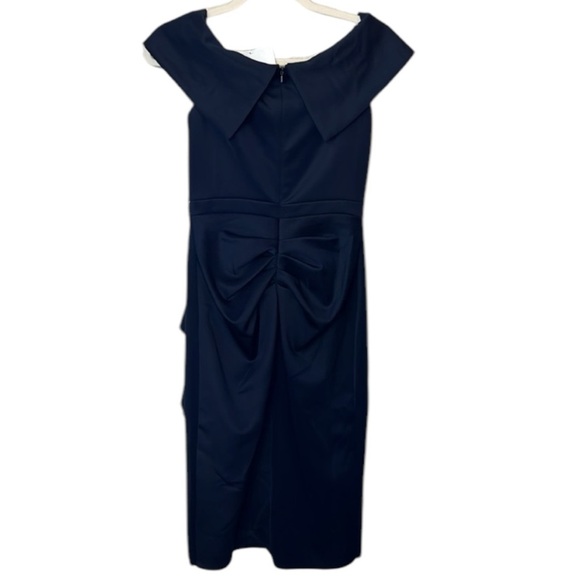 XSCAPE Tisha Knee Length Scuba Off The Shoulder Ruffle Dress Size 4 In Blue - Picture 4 of 14